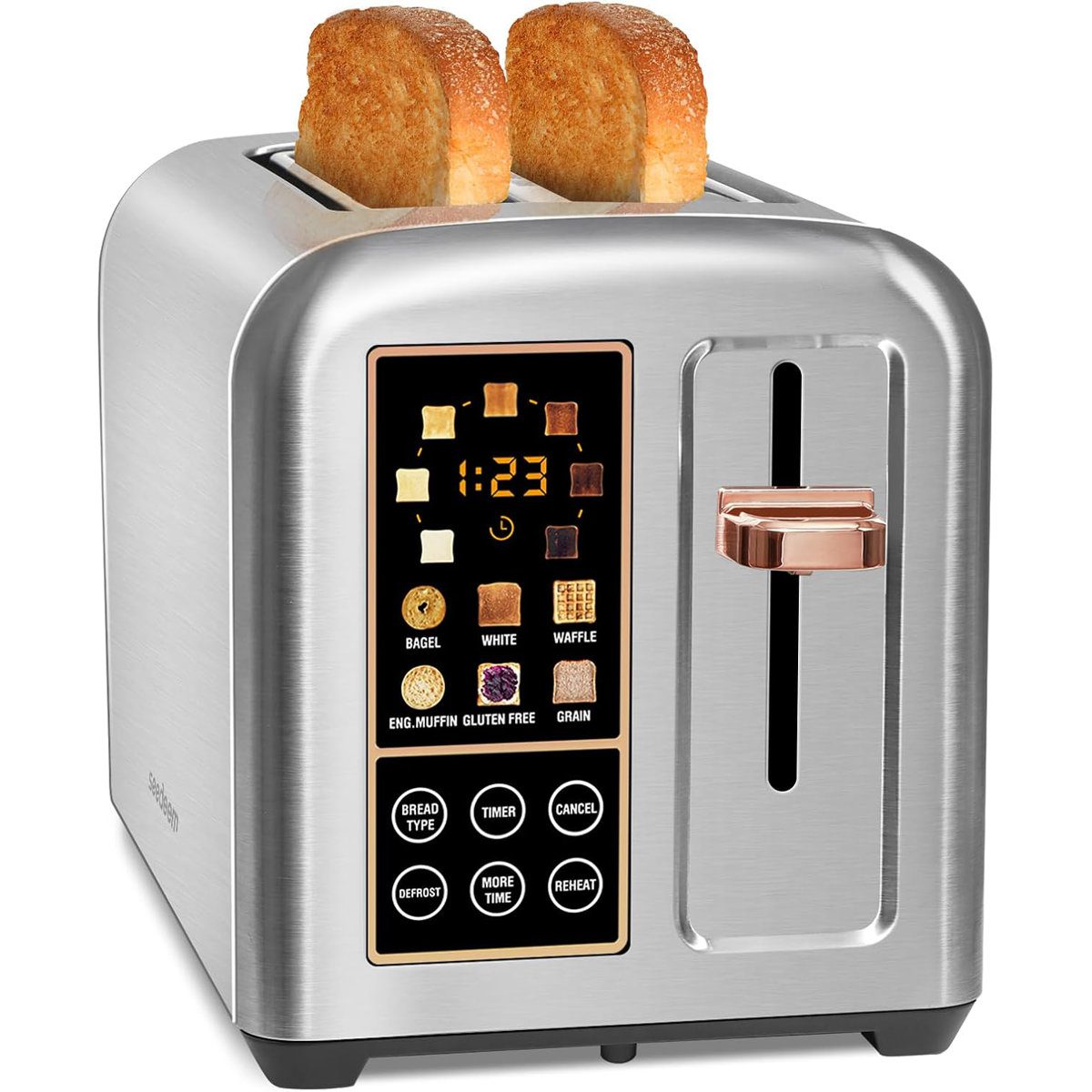SEEDEEM Toaster 2 Slice, Touch Control Stainless Toaster LCD Display, 50% Faster Heating Speed, 1.4'' Wide Slots, More Timer Functions, Removable Crumb Tray, 1350W, Crystal