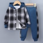 Toddler Boys Casual Outfit Sets Long Sleeve Patchwork Plaid Prints T Shirt Hooded Tops Pants Clothes Set for Kids Size 3-4T